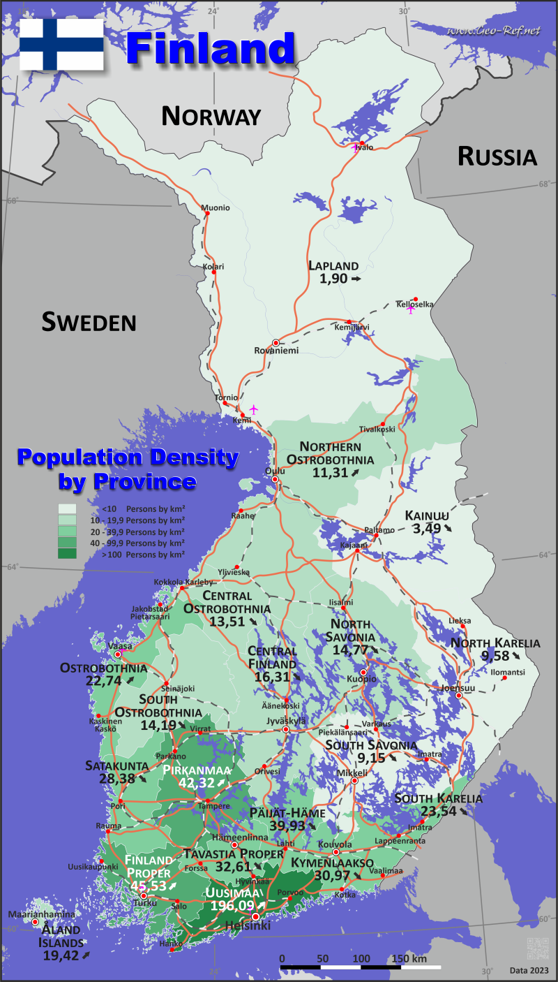 Karte Finnland - Verwaltungsstruktur - Bevölkerungsdichte 2023