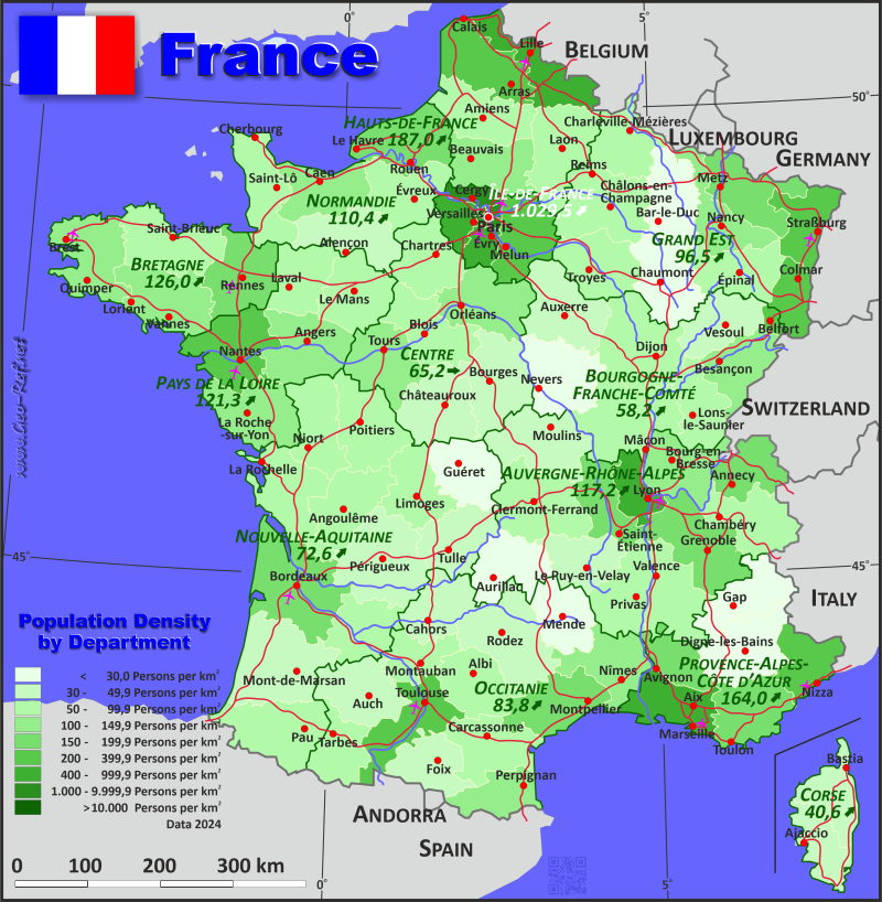 Karte Frankreich - Verwaltungsstruktur - Bevölkerungsdichte 2023