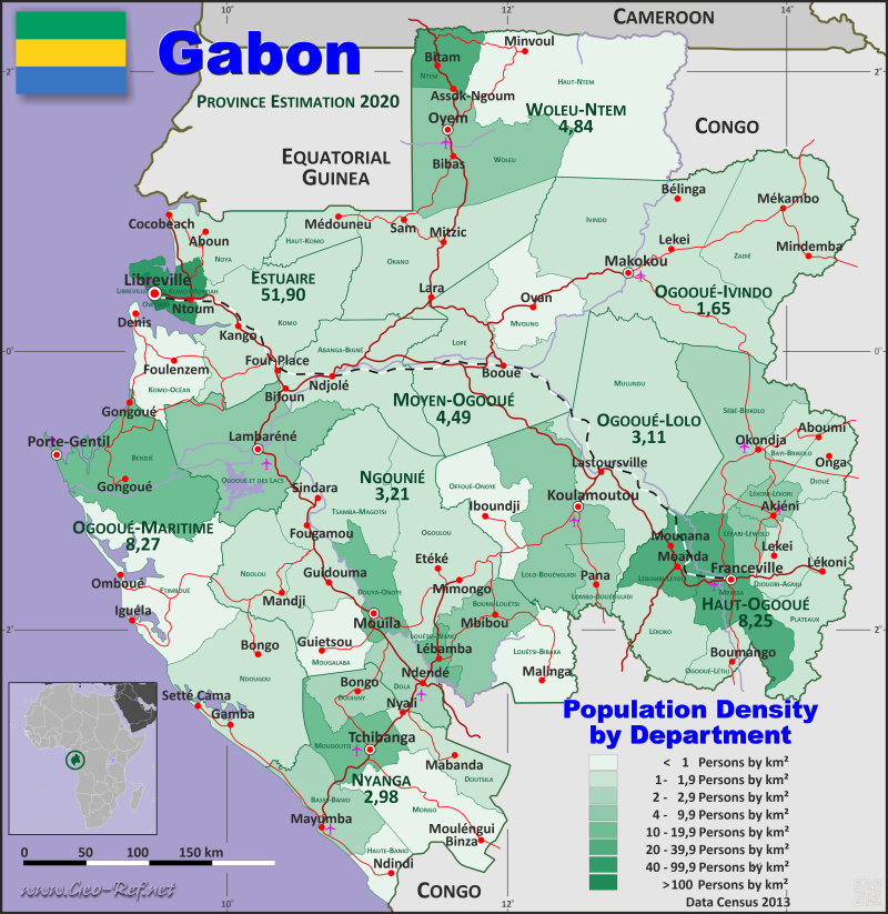 Mapa Gabón División administrativa - Densidad de población 2020