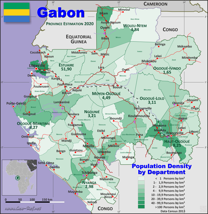 Mapa Gabn Divisin administrativa - Densidad de población 2020