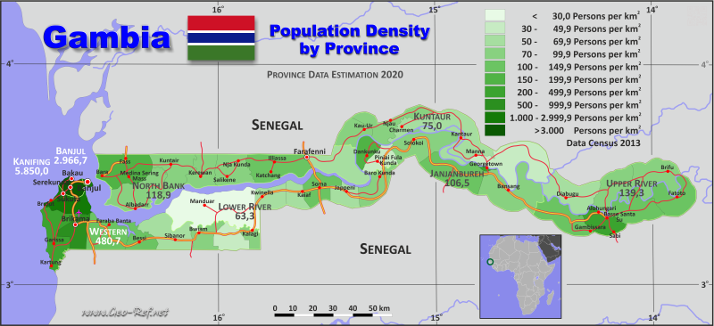 Mapa Gambia Divisin administrativa - Densidad de población 2020