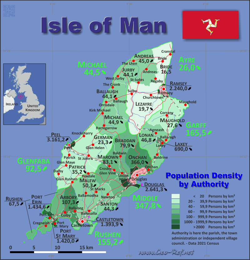 Mapa Isla de Man Divisin administrativa - Densidad de población 2021