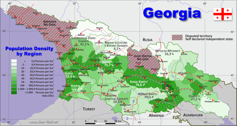 Mapa Georgia División administrativa - Densidad de población 2021