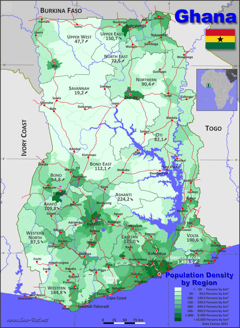 Mapa Ghana Divisin administrativa - Densidad de población 2021