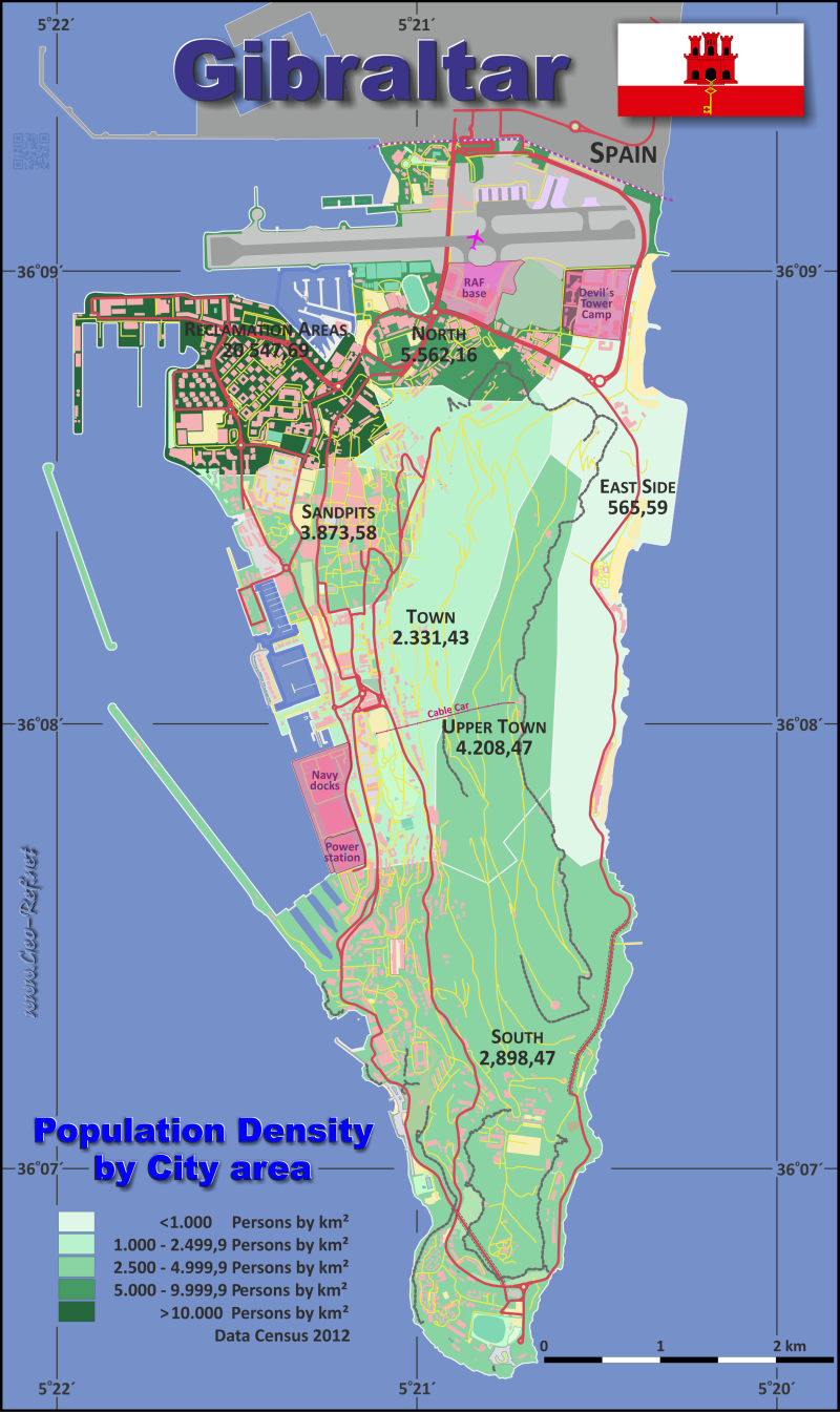 Mapa Gibraltar Divisin administrativa - Densidad de población 2020