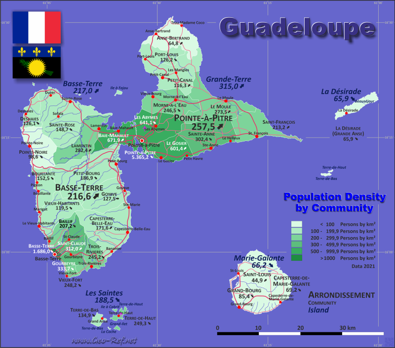 Karte Guadeloupe - Verwaltungsstruktur - Bevölkerungsdichte 2021