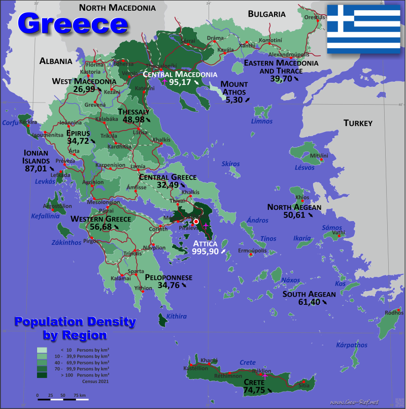 Mapa Grecia Divisin administrativa - Densidad de población 2021