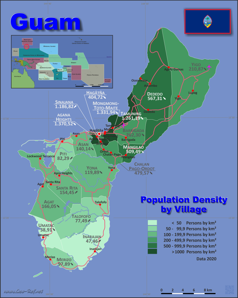 Mapa Guam Divisin administrativa - Densidad de población 2020