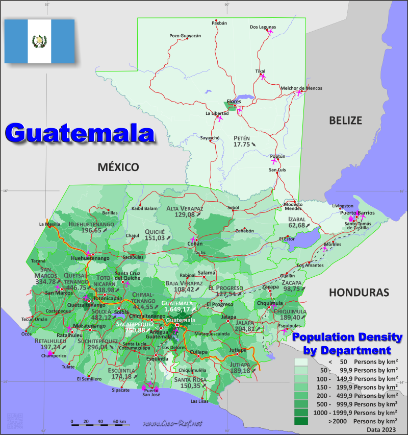 Mapa Guatemala Divisin administrativa - Densidad de población 2023