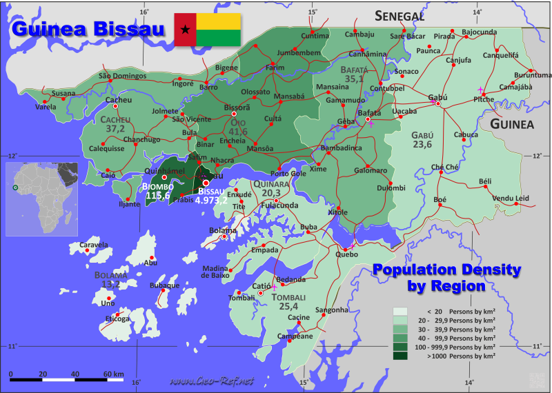 Mapa Guinea-Bisáu División administrativa - Densidad de población 2021