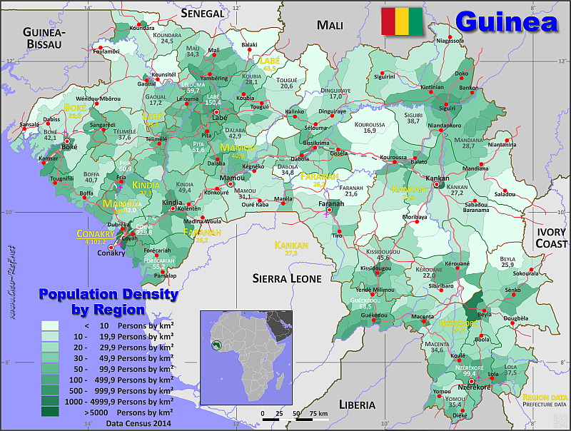 Karte Guinea - Verwaltungsstruktur - Bevölkerungsdichte 2014