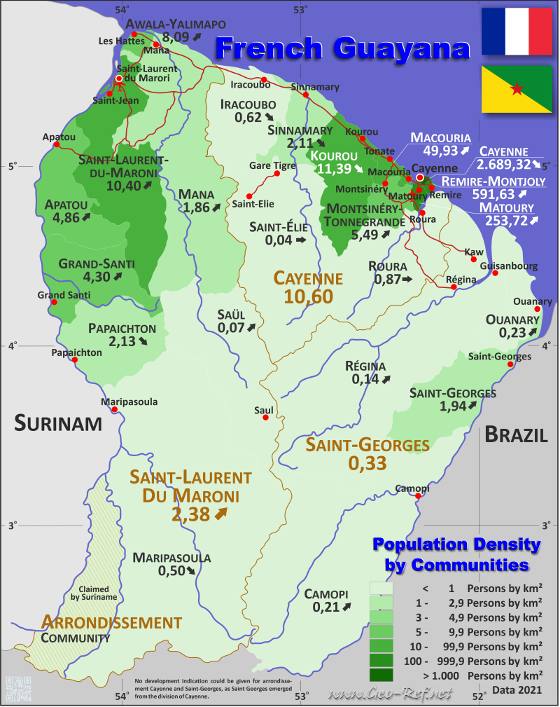 Map French Guiana - Administrative division - Population density 2021