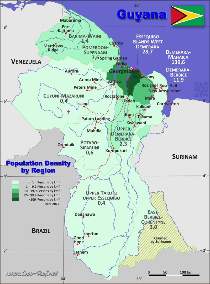 Mapa Guayana Divisin administrativa - Densidad de población 2020