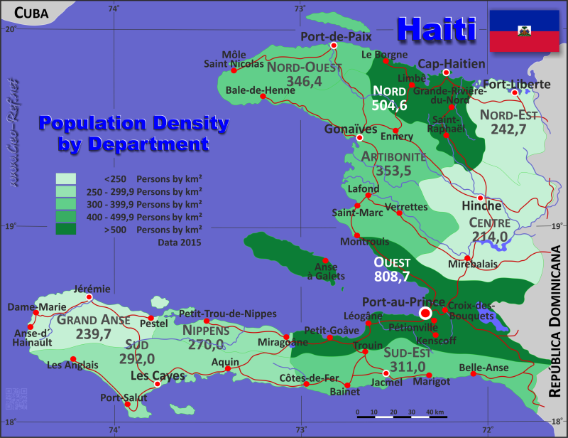 Mapa Haití División administrativa - Densidad de población 2015