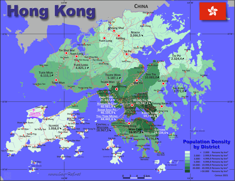 Hong Kong Karte Bevölkerungsdichte und Verwaltungsgliederung