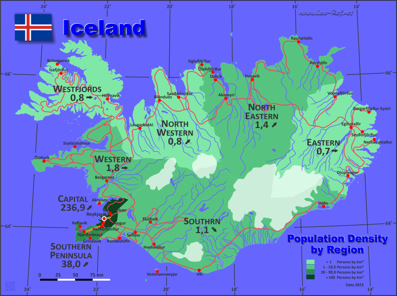 Mapa Islandia Divisin administrativa - Densidad de población 2023