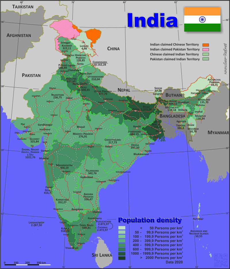 Mapa India Divisin administrativa - Densidad de población 2020