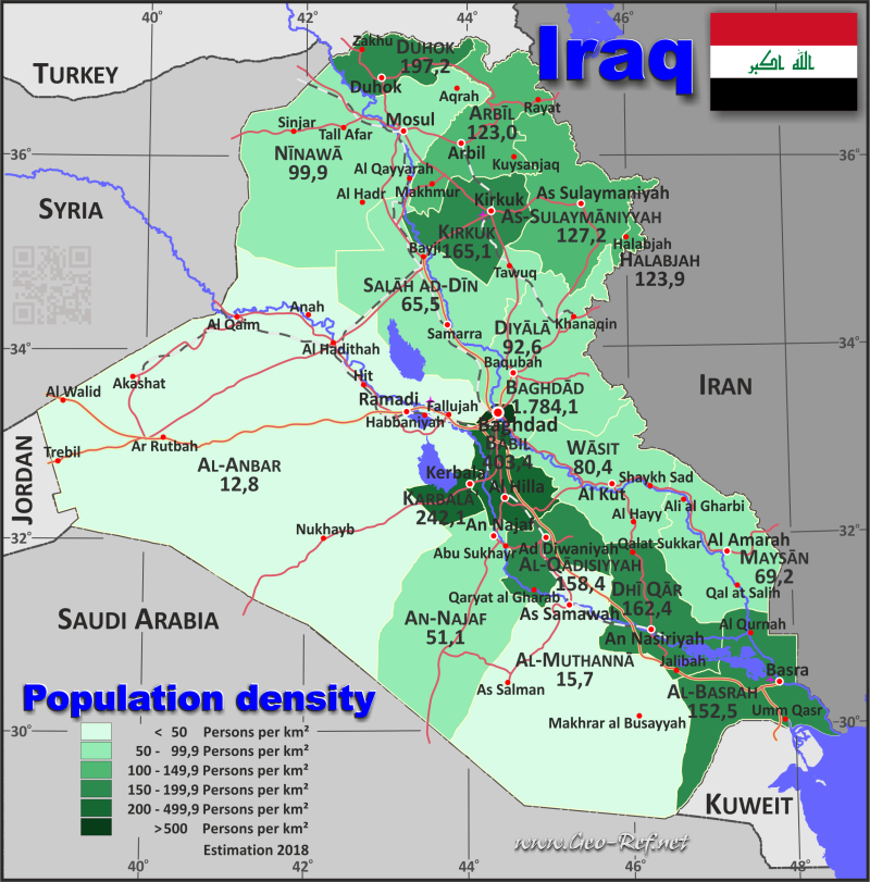 Mapa Iraq División administrativa - Densidad de población 2018