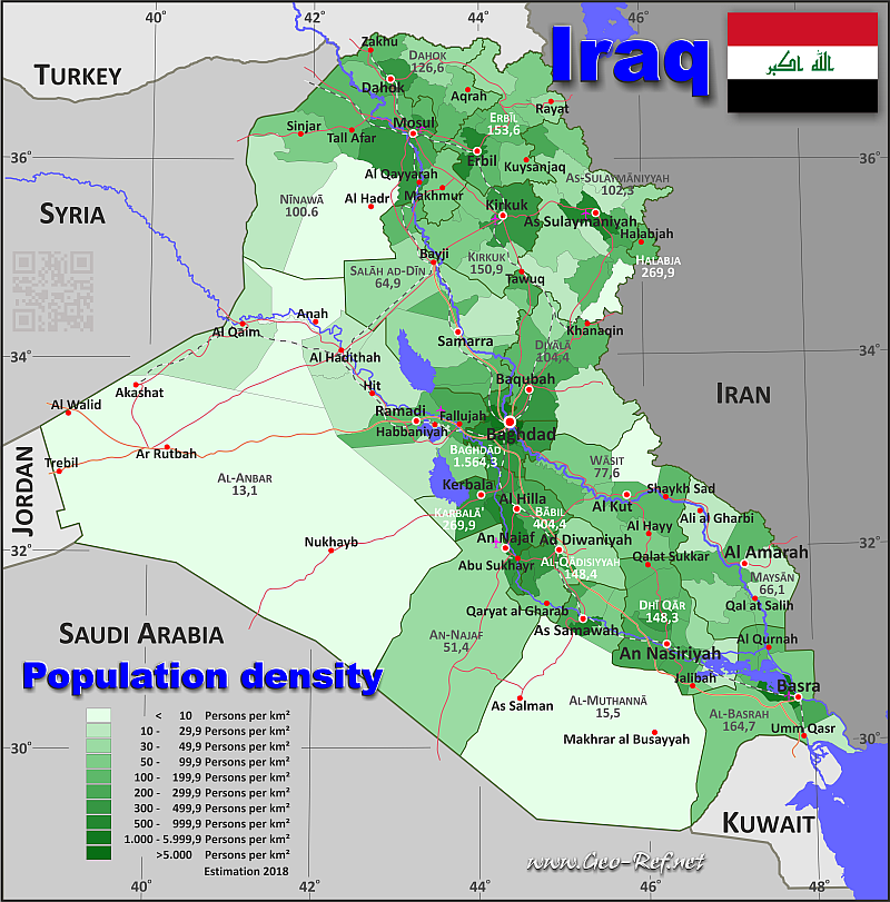 Mapa Iraq Divisin administrativa - Densidad de población 2018