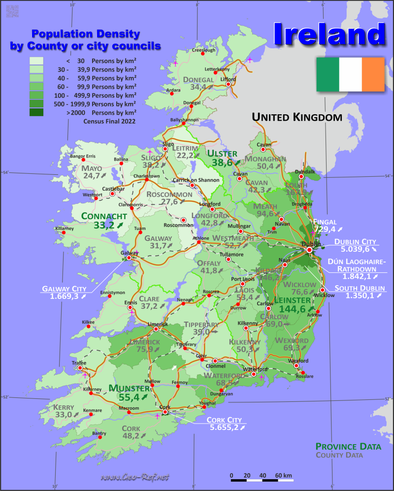 Map Ireland - Administrative division - Population density 2022