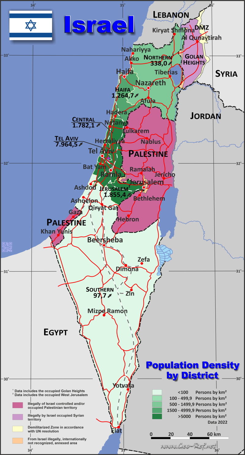 Mapa Israel Divisin administrativa - Densidad de población 2020