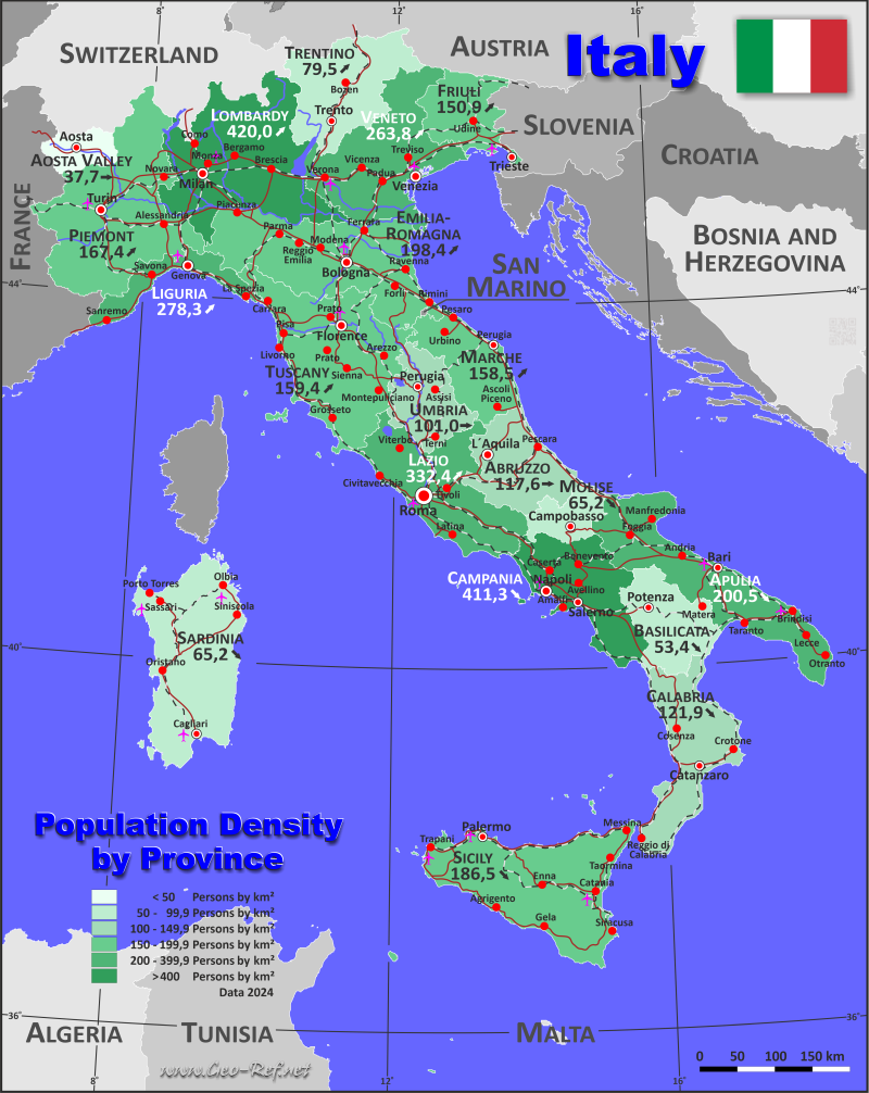 Karte Italien - Verwaltungsstruktur - Bevölkerungsdichte 2023