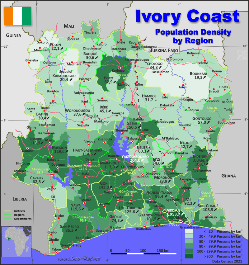 Mapa Costa de Marfil Divisin administrativa - Densidad de población 2021