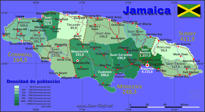 Mapa Jamaica Divisin administrativa - Densidad de población 2020