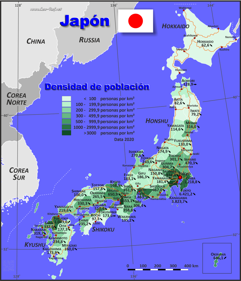 Mapa Japn Divisin administrativa - Densidad de población 2020