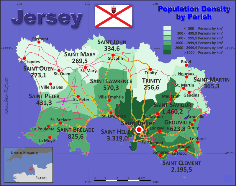 Mapa Jersey Divisin administrativa - Densidad de población 2021