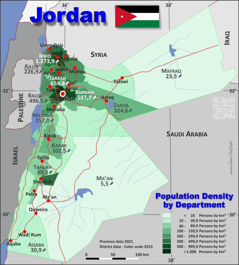 Karte Jordanien - Verwaltungsstruktur - Bevölkerungsdichte 2021