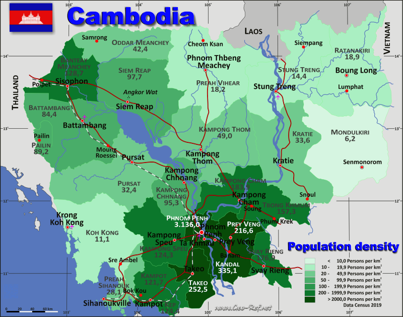 Mapa Camboya Divisin administrativa - Densidad de población 2019