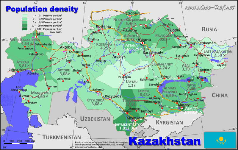 Mapa Kazajistn Divisin administrativa - Densidad de población 2023