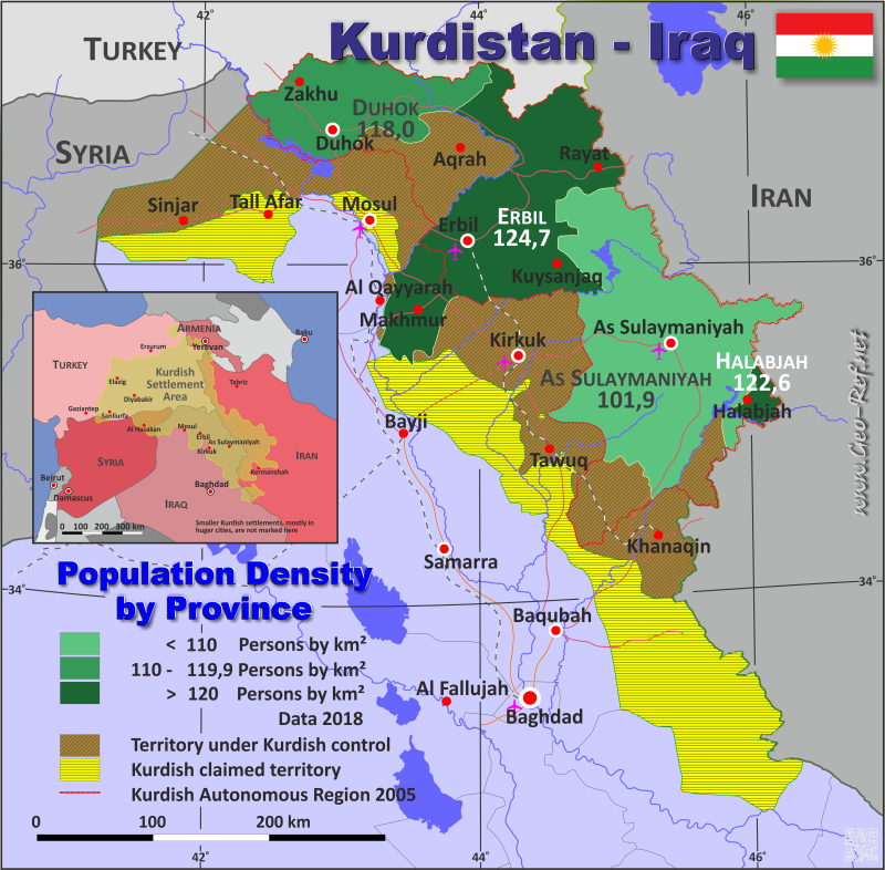 Mapa Kurdistán - Iraq División administrativa - Densidad de población 2018