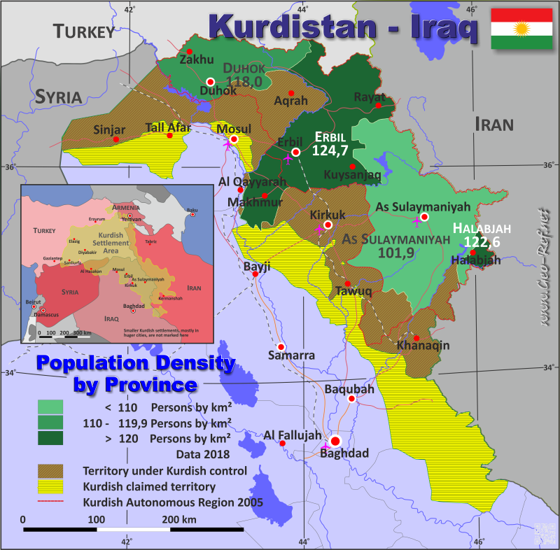 Mapa Kurdistn - Iraq Divisin administrativa - Densidad de población 2018