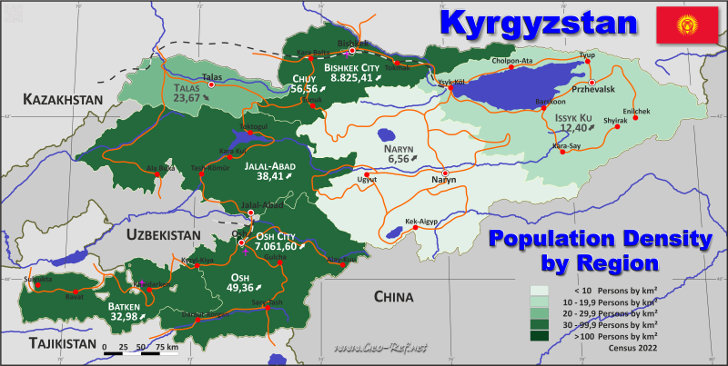 Mapa Kirguistn Divisin administrativa - Densidad de población 