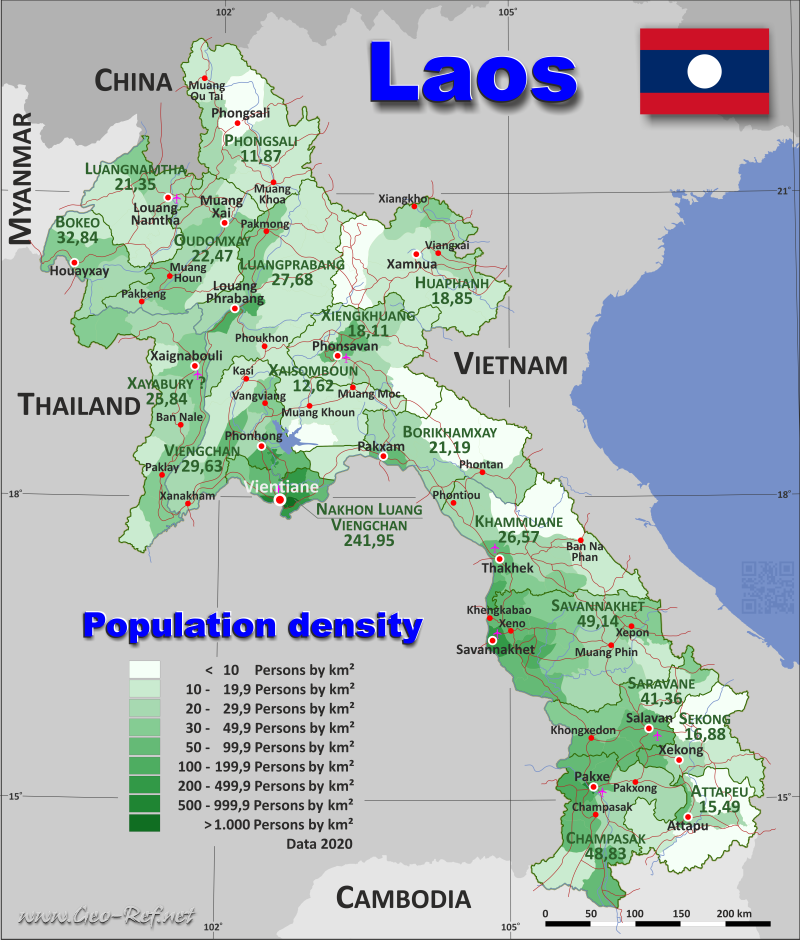 Mapa Laos Divisin administrativa - Densidad de población 2020