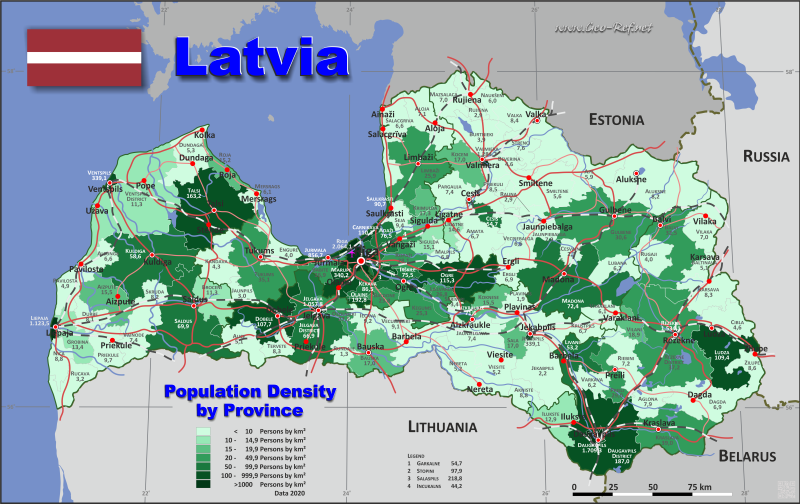 Map Latvia - Administrative division - Population density 2020