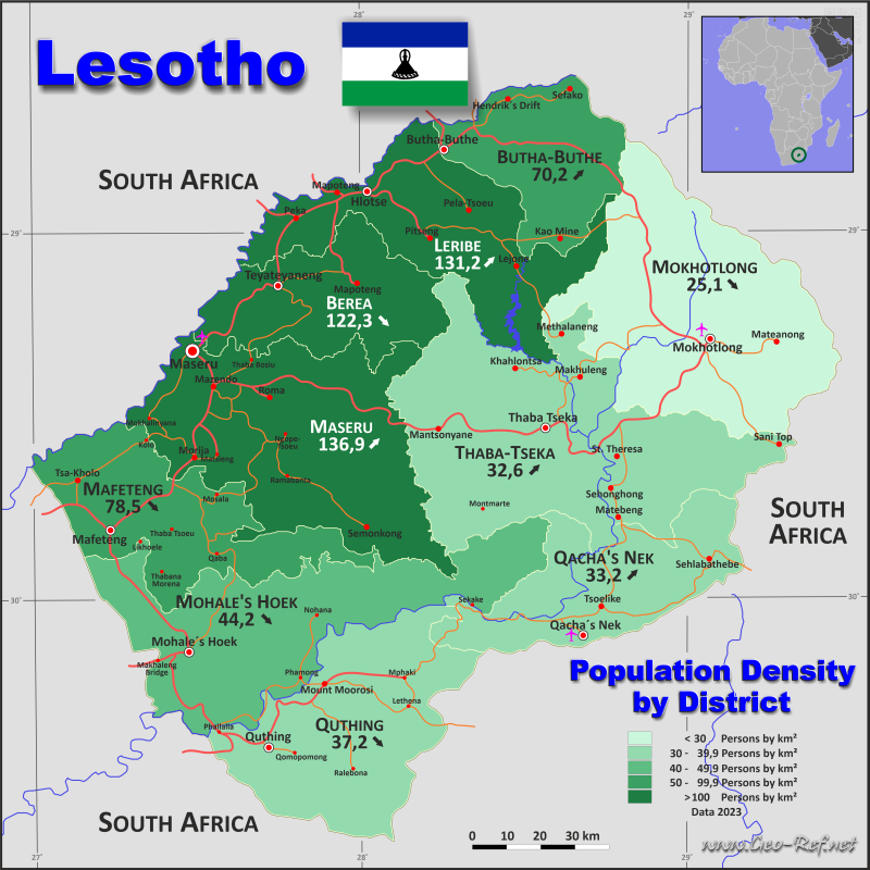 Karte Lesotho - Verwaltungsstruktur - Bevölkerungsdichte 2023