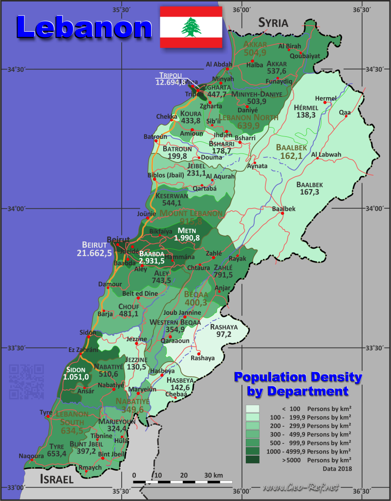 Karte Libanon - Verwaltungsstruktur - Bevölkerungsdichte 2018