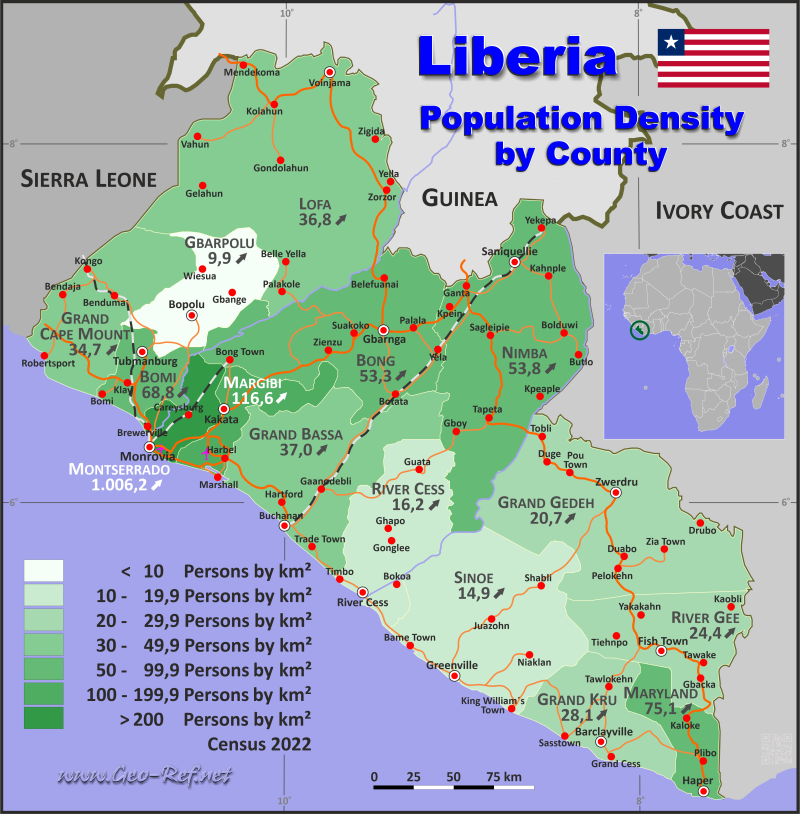 Mapa Liberia División administrativa - Densidad de población 2020