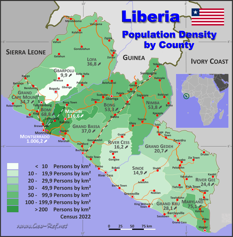 Mapa Liberia Divisin administrativa - Densidad de población 2022