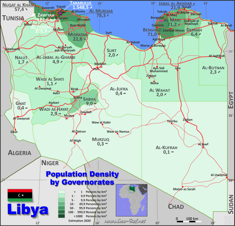 Mapa Libia División administrativa - Densidad de población 2020