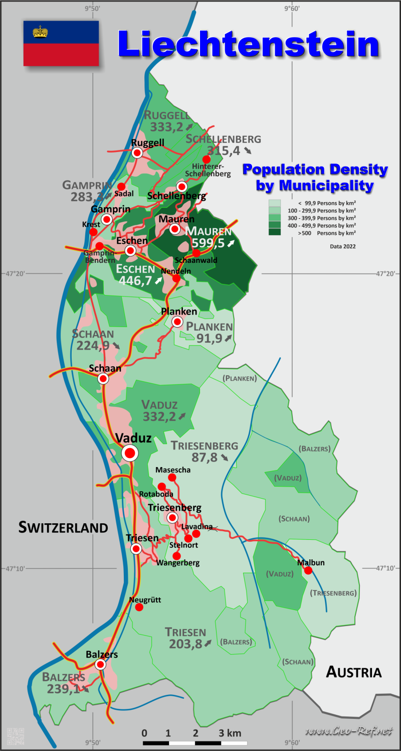 Mapa Liechtenstein Divisin administrativa - Densidad de población 2022