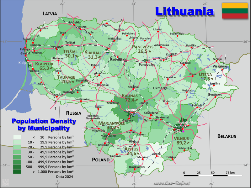Mapa Lituania División administrativa - Densidad de población 2024
