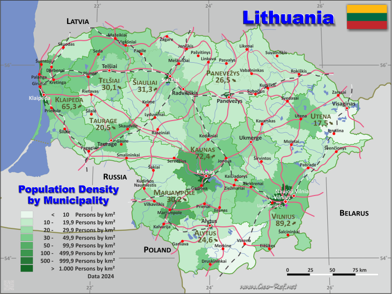 Mapa Lituania Divisin administrativa - Densidad de población 2024