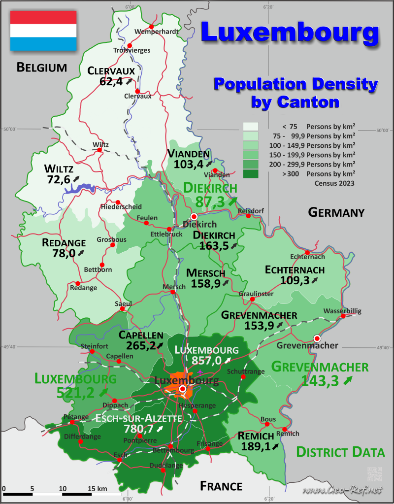 Mapa Luxemburgo División administrativa - Densidad de población 2023