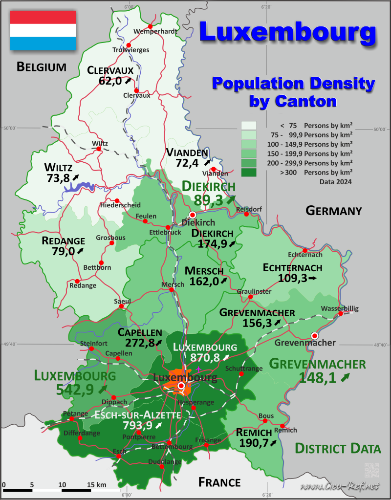 Map Luxembourg - Administrative division - Population density 2023