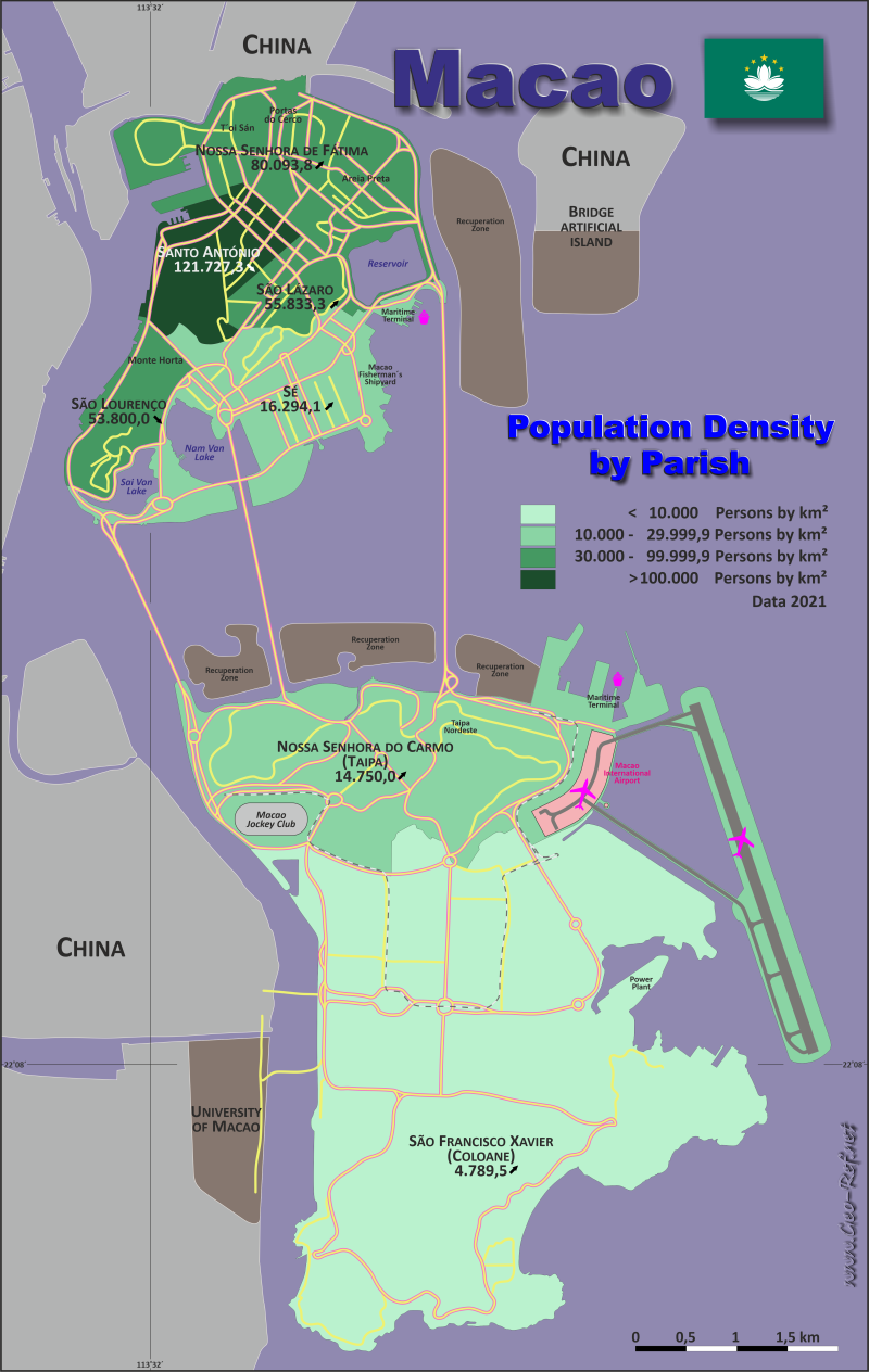 Mapa Macao Divisin administrativa - Densidad de población 2021