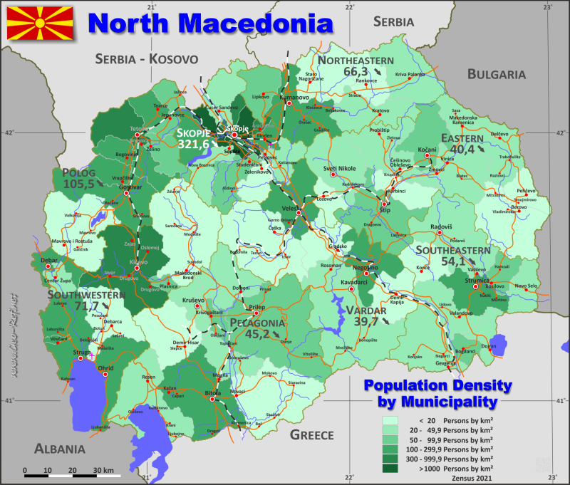 Map North-Macedonia - Administrative division - Population density 2021